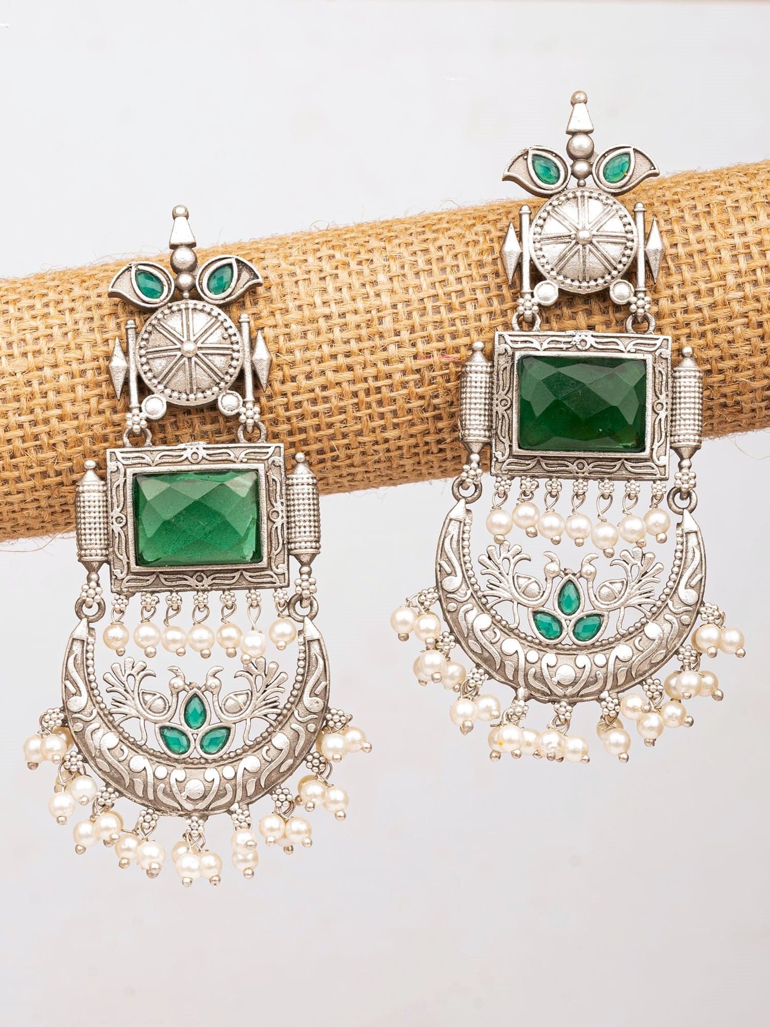 Pearl-Studded Oxidized Drop Earrings in Enchanting Green