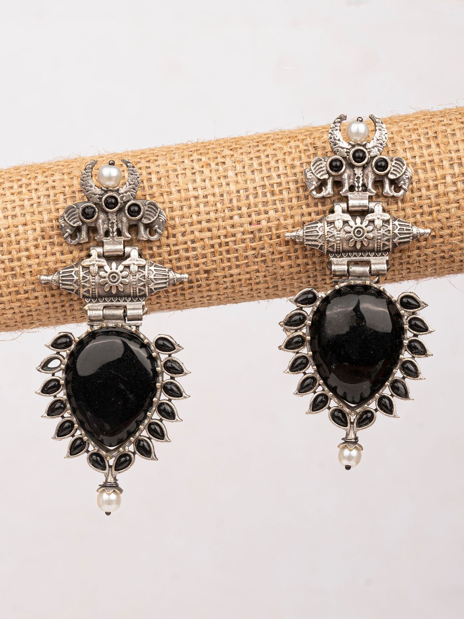 Black Pearl Studded Silver Imitation Earrings for Girls, Women's Occasion Wear Jewelry