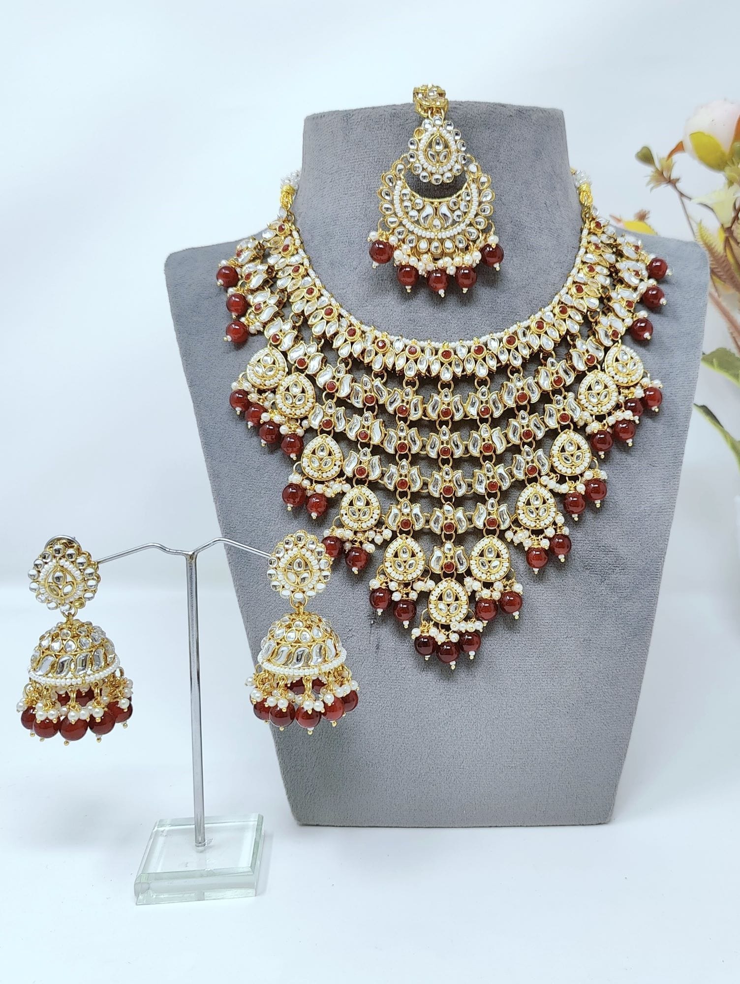 Maroon Kundan Jewellery Set for Elegant Lehenga Bridal Saree - Traditional Accessories
